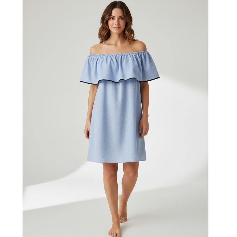 J CREW Off The Shoulder Summer Dress Sz L Blue Ruffle Chambray Coquette Coastal